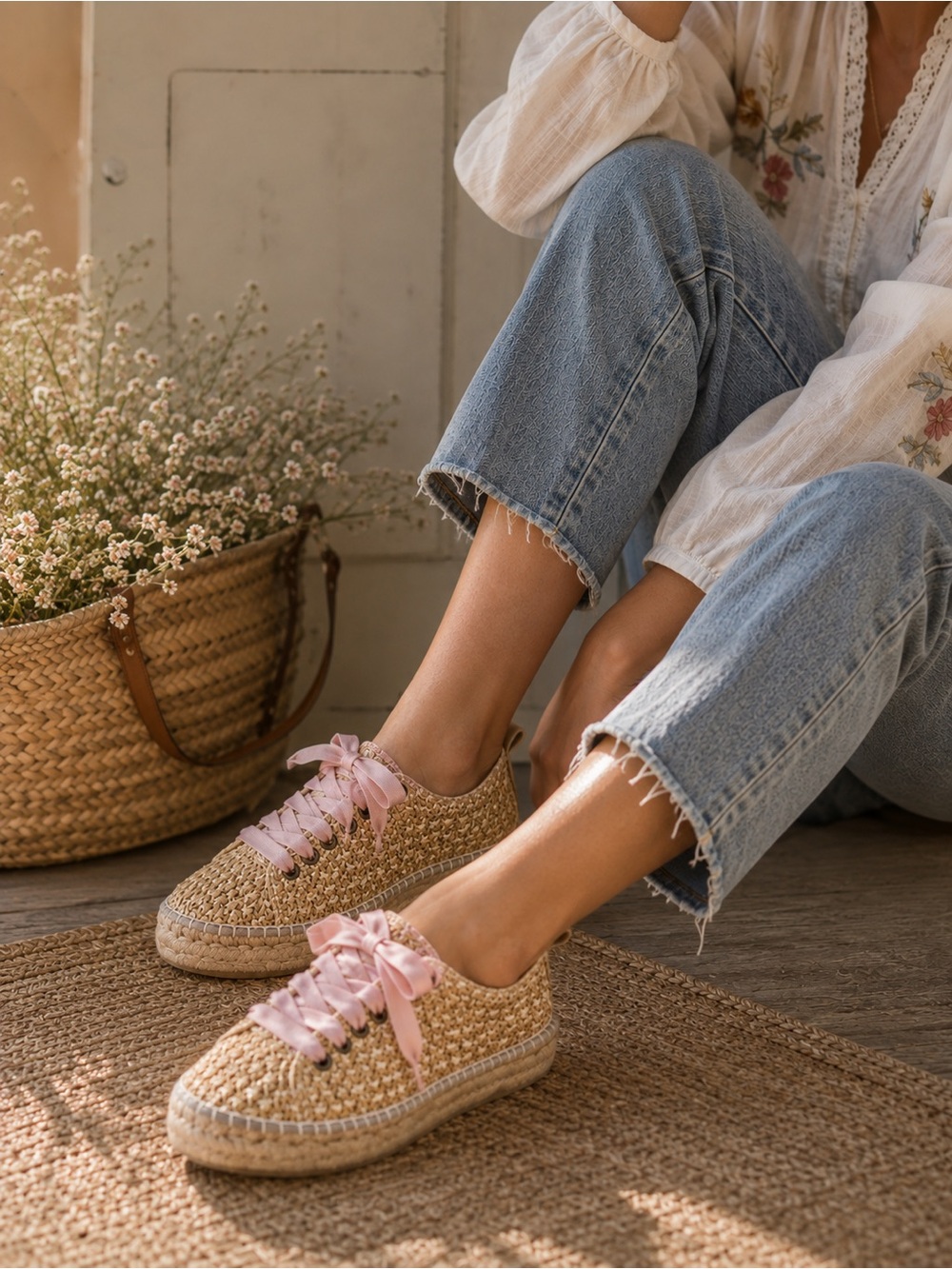 J Crew Manebi Yucatan Woven Espadrille Sneakers in Natural with Pink Laces